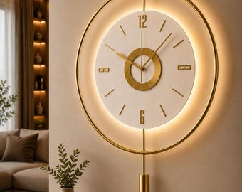Große goldene Wanduhr mit Pendel, moderne minimalistische Lautlosuhr, luxuriöses Wohnzimmerdekor, Statement-Wanduhr