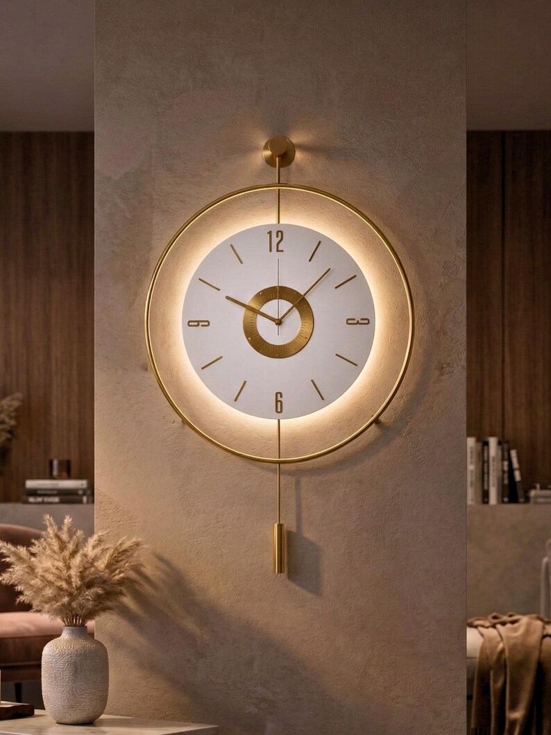 Large Gold Wall Clock With Pendulum, Modern Minimalist Silent Clock ...