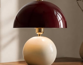 Burgundy Mushroom Table Lamp, Modern Ambient Bedside Light, Mid Century Metal Lamp