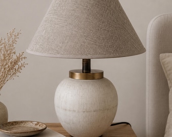 Handmade Ceramic Table Lamp, Linen Shade Bedside Lamp, Modern Cozy Bedroom Lighting Decor