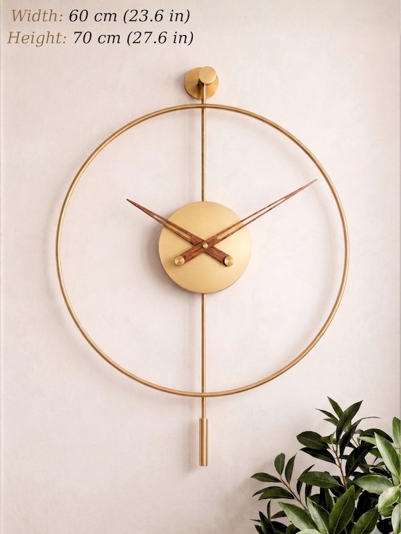Modern Gold Wall Clock with Decorative Pendulum, Sculptural Minimalist Statement Wall Art