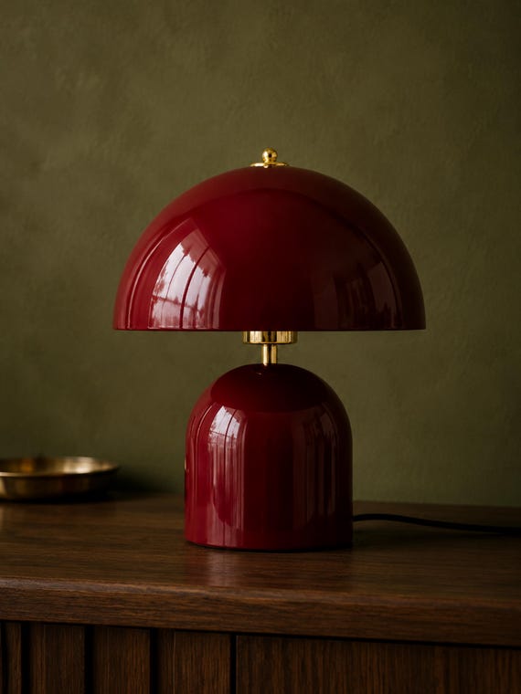Burgundy Retro Table Lamp, Glossy Mushroom Bedside Light, Mid Century Accent Decor