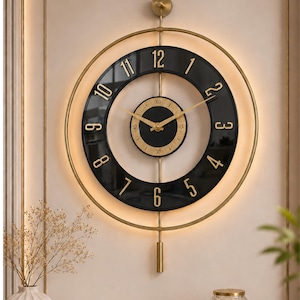 Large Modern Wall Clock with LED Backlight, Black Glass, Luxury Living Room Decor