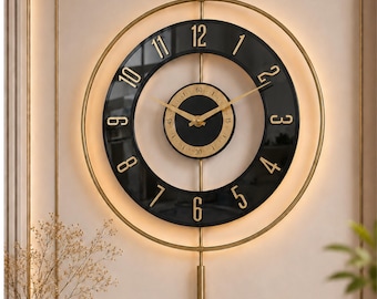 Large Modern Wall Clock with LED Backlight, Black Glass, Luxury Living Room Decor