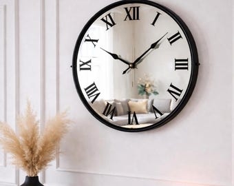24 Inch Black Mirror Wall Clock Modern Roman Numeral Minimal Contemporary Wall Decor