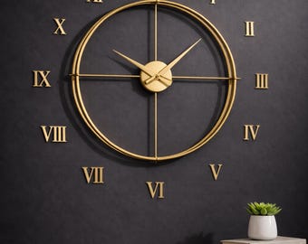 Oversized Gold Wall Clock Adjustable Roman Numeral Metal Clock for Living Room Decor