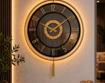 Luxury LED Wall Clock, Large Gold Black Mirrored Decor, Silent Statement Living Room Art