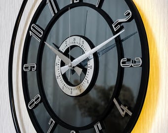Large LED Wall Clock Black Metal Pendulum Contemporary Decor Modern Interior Entryway Living Room