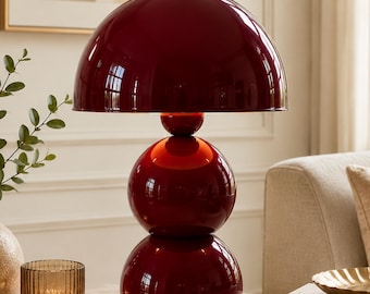 Burgundy Metal Table Lamp, Retro Dome Mushroom Lamp, Stacked Globe Bedside Nightstand Decor
