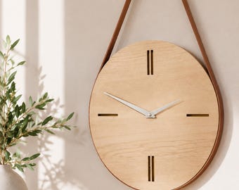 Minimal Wooden Wall Clock with Leather Strap Japandi Scandinavian Modern Decor