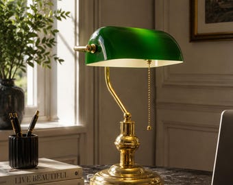 Vintage Green Glass Banker Lamp Brass Desk Light Office Decor Adjustable Library Lamp