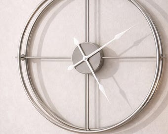 Large Wall Clock 24 Inch Silver Metal Minimalist Double Ring Oversized Silent Home Decor