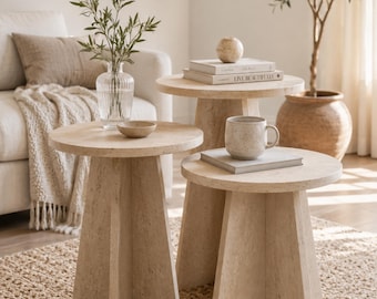 Travertine Nesting Side Tables Set of 3, Modern Scandinavian End Tables