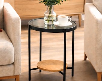 Mid Century Modern Black Metal Side Table – Round Glass End Table with Shelf
