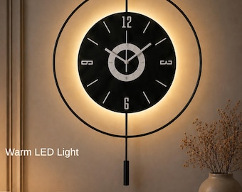Moderne schwarze LED-Wanduhr mit Pendel Silent Large Minimalist Japandi Home Decor