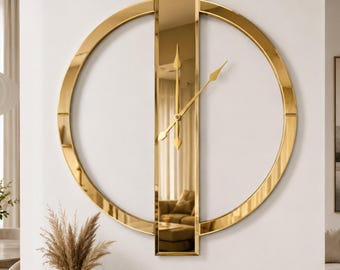 Luxury Gold Mirrored Wall Clock, Oversized Modern Minimalist Wall Decor