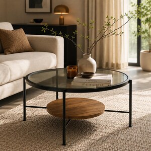 Könnte beinhalten: Ein runder Couchtisch mit einem schwarzen Metallrahmen und einer transparenten Glasplatte. Der Tisch hat ein unteres Regal aus Holz. Eine Vase mit Zweigen, Büchern und einer Kerze steht darauf. Der Tisch befindet sich in einem Wohnzimmer.