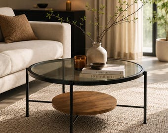 Modern Japandi Round Coffee Table, Glass Top Black Metal Living Room Furniture