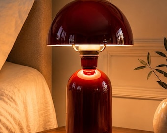 Mushroom Table Lamp Red Glass, Retro Bedside Lamp, Mid Century Modern Night Light Decor