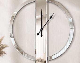 Large Mirrored Wall Clock, Silver Luxury Decor, Oversized Minimalist Modern Accent