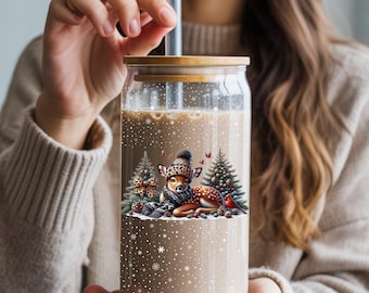 Gobelet de Noël en verre, motif cerf des Fêtes, couvercle en bambou et paille, 16 oz