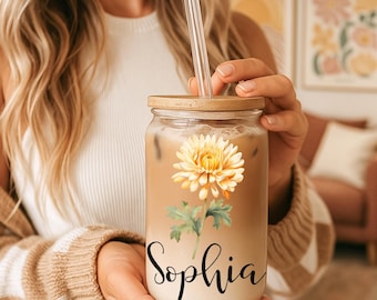 Gobelet en verre personnalisé fleur de naissance - Tasse à café personnalisée avec couvercle en bambou