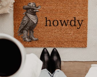 Howdy Crow Cowboy Funny Doormat Western Decor Funny Coir Door Mat Welcome Mat Funny Housewarming gift Wedding Gift New Home Gift for Home