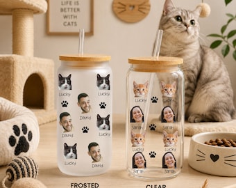 Verre personnalisé avec portrait d'animal de compagnie et couvercle en bambou, canette en verre personnalisée avec tête de chien et paille, gobelet isotherme de 47 cl pour café glacé personnalisé avec photo