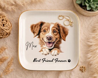 Porte-anneaux personnalisé en céramique pour animal de compagnie avec coeurs, porte-anneaux personnalisé pour animal de compagnie avec noms, porte-anneaux personnalisé, plateau à anneaux en céramique, cadeau d'anniversaire