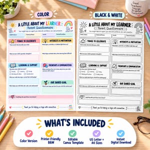 Może przedstawiać: Dwa formularze kwestionariusza dla rodziców A Little About My Learner, jeden w kolorze, a drugi w czerni i bieli. Każdy formularz zawiera sekcje dotyczące danych dziecka, zainteresowań, wsparcia w nauce i celów, z ikonami gwiazdek i książek.