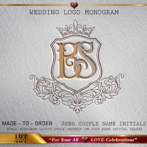 Puede incluir: Un diseño de monograma de logotipo de boda con las iniciales "BS" en oro y beige, dentro de un escudo decorativo. El diseño incluye una corona y adornos ornamentados, con el texto "WEDDING LOGO MONOGRAM" en la parte superior.