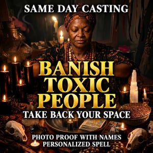 May include: A person wearing a patterned headwrap and beaded necklace sits behind a table with black candles, tarot cards, animal skulls, and a bowl of herbs. Text reads: SAME DAY CASTING, BANISH TOXIC PEOPLE, TAKE BACK YOUR SPACE, PHOTO PROOF WITH NAMES, PERSONALIZED SPELL.