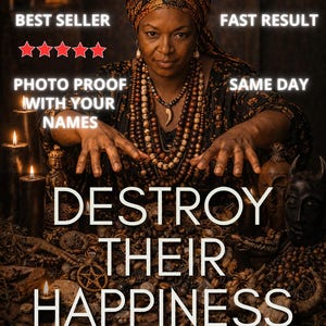 Peut inclure: Image d'une femme portant un foulard et des colliers de perles, avec le texte "DESTROY THEIR HAPPINESS SPELL". Le texte supplémentaire comprend "BEST SELLER", "FAST RESULT", "PHOTO PROOF WITH YOUR NAMES" et "SAME DAY".
