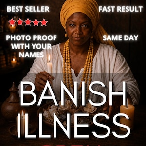 May include: An image featuring a person with a yellow head wrap and beaded necklaces. Text includes "BEST SELLER," "PHOTO PROOF WITH YOUR NAMES," "BANISH ILLNESS SPELL," and "FAST RESULT." A lit candle and a bowl of items are in the foreground.