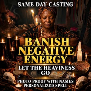 May include: A person wearing a patterned headwrap and beaded necklace sits behind a table with black candles, crystals, tarot cards, and animal skulls. Text reads: SAME DAY CASTING, BANISH NEGATIVE ENERGY, LET THE HEAVINESS GO, PHOTO PROOF WITH NAMES PERSONALIZED SPELL.