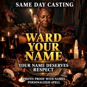 May include: A person wearing a patterned headwrap and beaded necklace sits behind a table with black candles, crystals, animal skulls, and tarot cards. Text reads: SAME DAY CASTING, WARD YOUR NAME, YOUR NAME DESERVES RESPECT, PHOTO PROOF WITH NAMES, PERSONALIZED SPELL.