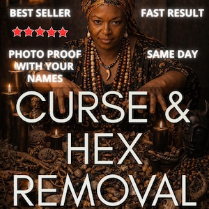 May include: A person wearing a patterned headwrap and layered beaded necklaces with a tooth pendant. The image features text reading BEST SELLER, FAST RESULT, PHOTO PROOF WITH YOUR NAMES, SAME DAY, and CURSE & HEX REMOVAL with five red stars.