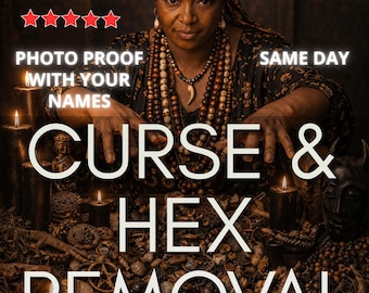 May include: A person wearing a patterned headwrap and layered beaded necklaces with a tooth pendant. The image features text reading BEST SELLER, FAST RESULT, PHOTO PROOF WITH YOUR NAMES, SAME DAY, and CURSE & HEX REMOVAL with five red stars.