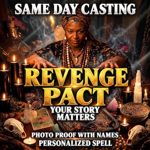 May include: A digital graphic featuring a person wearing a patterned headwrap and beaded necklace, surrounded by black candles, crystals, animal skulls, and tarot cards. Text reads: SAME DAY CASTING, REVENGE PACT, YOUR STORY MATTERS, PHOTO PROOF WITH NAMES, PERSONALIZED SPELL.