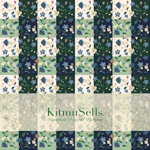 Peut inclure: Un motif numérique sans couture avec un motif floral en grille. Le motif présente des rayures verticales alternées de crème, vert clair et bleu foncé. Chaque carré contient un arrangement floral différent avec des fleurs bleues, blanches et roses. Le texte "KitmuSells. Seamless Digital Pattern" est visible.