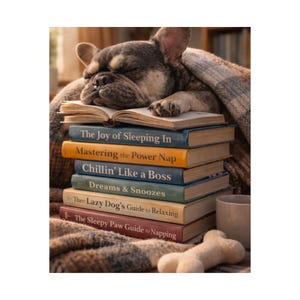 Könnte beinhalten: Eine schlafende französische Bulldogge liegt auf einem Stapel von Büchern mit Titeln wie "The Joy of Sleeping In" und "Chillin' Like a Boss." Der Hund ist mit einer karierten Decke bedeckt, und ein knochenförmiges Spielzeug liegt daneben. Eine gemütliche, entspannende Szene.