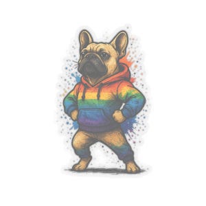 Könnte beinhalten: Ein Aufkleber mit einer französischen Bulldogge, die einen Regenbogen-Hoodie und eine Hose trägt. Der Hund steht mit gespreizten Pfoten und den Händen in den Hüften. Bunte Farbspritzer sind im Hintergrund.
