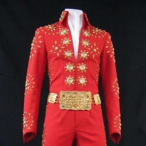 Professional Burning Love Stage Jumpsuit - Red Swirl Studded Costume for Tribute Artists - Deluxe 1970s Performance Iconic Concert Outfit