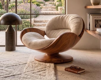Sculptural Walnut Lounge Chair, Cream Boucle Upholstery, Modern Swivel Accent Chair