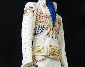 Traje de Elvis Presley "Aloha From Hawaii" con águila americana: icónico traje blanco de escenario con águila con tachuelas y cinturón para artistas tributo.