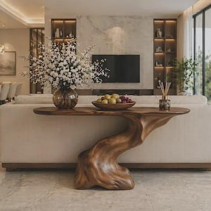 Mesa consola tallada a mano en tronco de árbol, mesa de entrada escultural con borde natural, aparador único de raíz de madera.