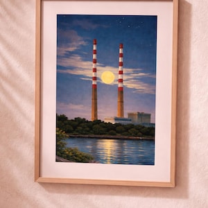Poolbeg Chimneys Night Print | affordable | Retro Dublin Illustration (20 x 30cm Light Poster Print) | Irish Art