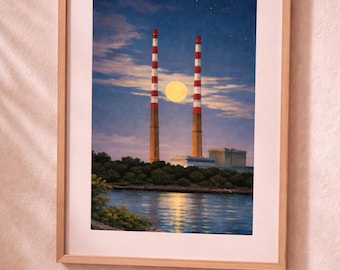Poolbeg Schornsteine Nacht Poster | erschwinglich | Retro Dublin Illustration (20 x 30 cm Light Poster Print) | Irische Kunst