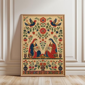 May include: A rectangular wall art print featuring a symmetrical folk art illustration. Two figures in traditional attire are shown embroidering in a garden setting with red and blue birds, floral motifs, and vases on a cream-colored background.