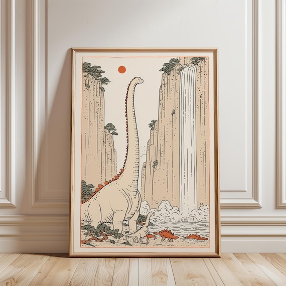 Japanese Dinosaur Poster, Sauropod Waterfall Ukiyoe Wall Art, Prehistoric Woodblock Landscape Print